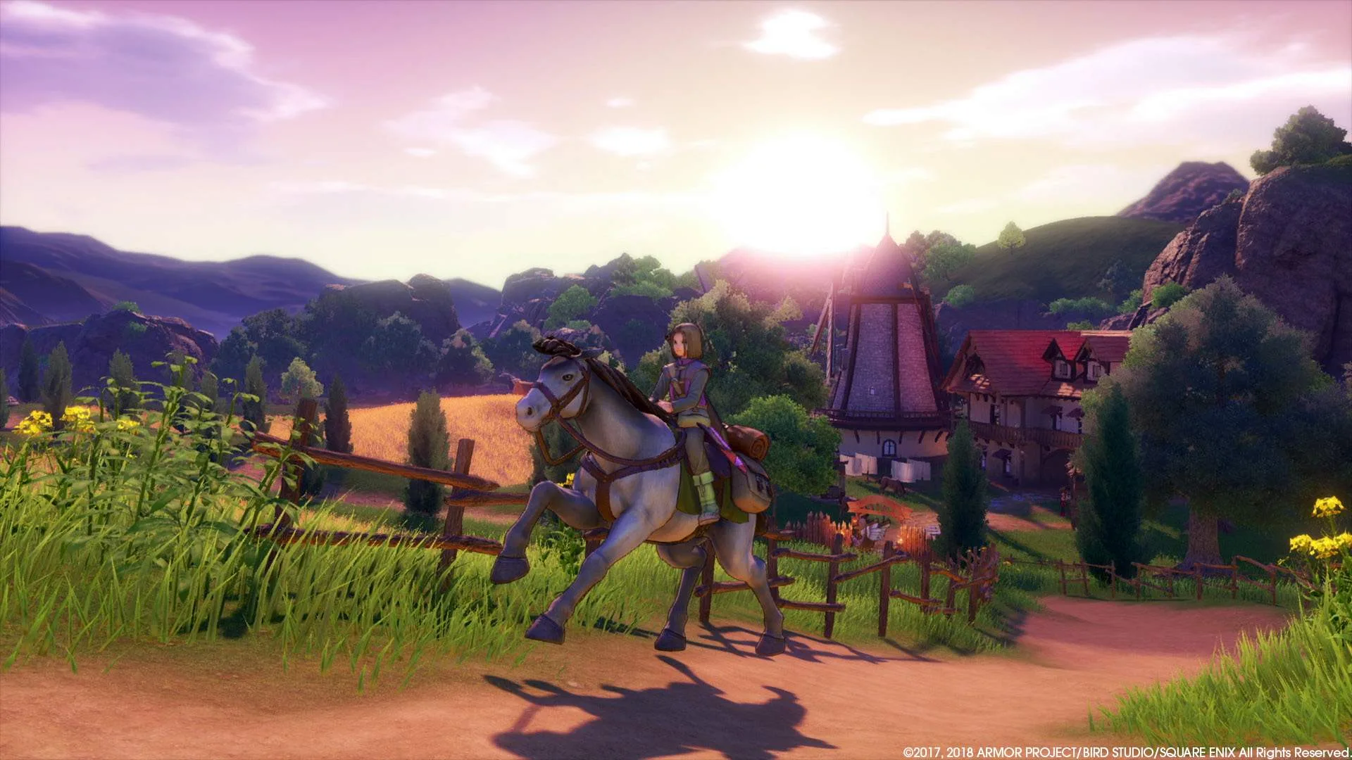 Ein Reiter erkundet die malerische Landschaft im DQXI-E3-4 mit einem strahlenden Sonnenaufgang im Hintergrund.