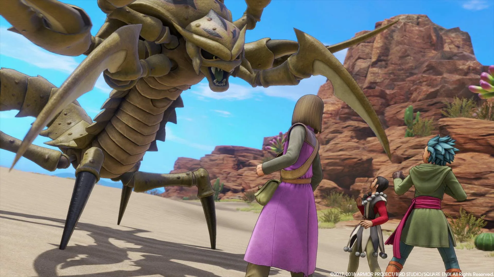 Ein riesiger Skorpion bedroht die Helden in DQXI-E3-7, die sich im Kampf bereit machen.