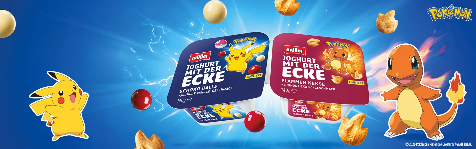 Pikachu und Charmander umgeben die neuen Müller Joghurt mit der Ecke Produkte im Pokémon-Design.