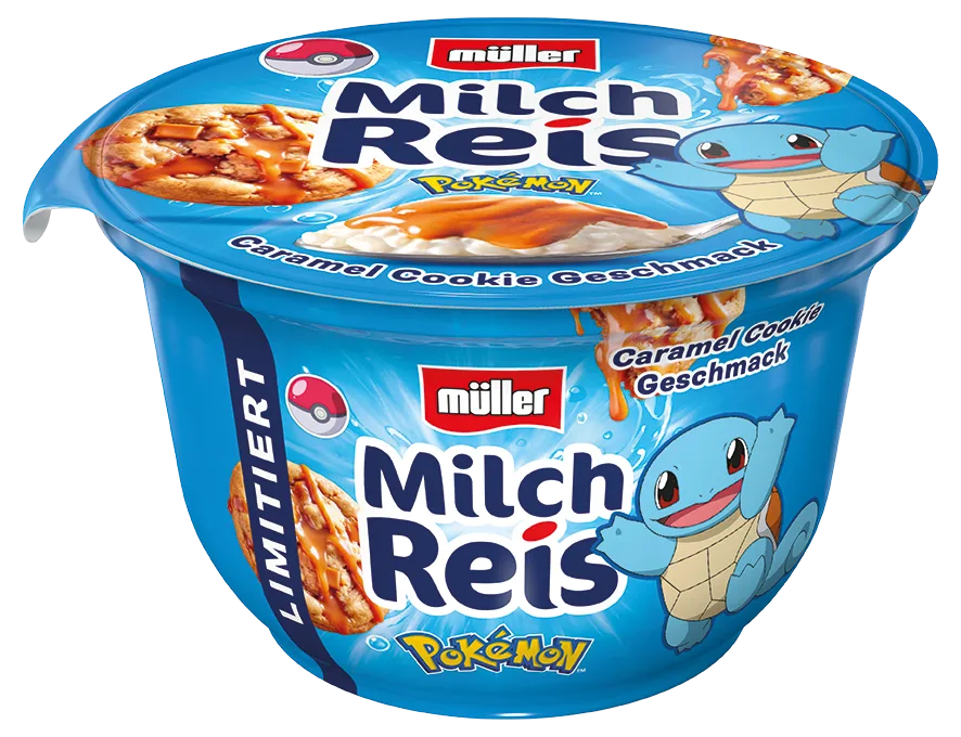 Müller Milch Reis mit Pokémon-Design und Caramel Cookie Geschmack in einer limitierten Sommer-Edition.