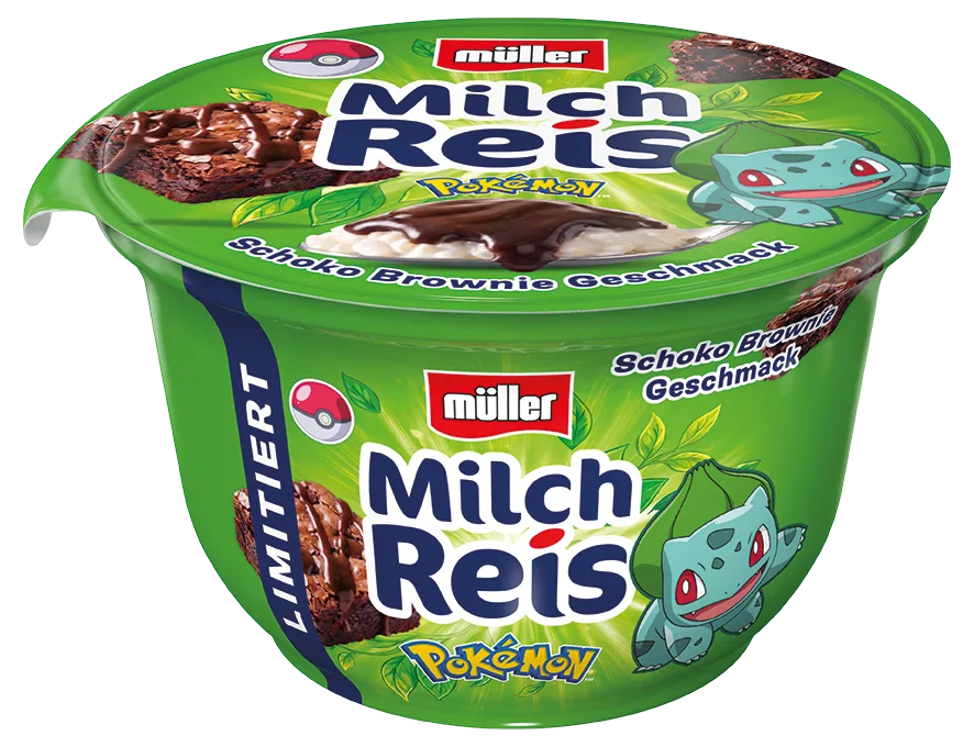 Müller Milch Reis mit Schoko Brownie Geschmack und Pokémon-Design, limitiert für den Sommer 26.