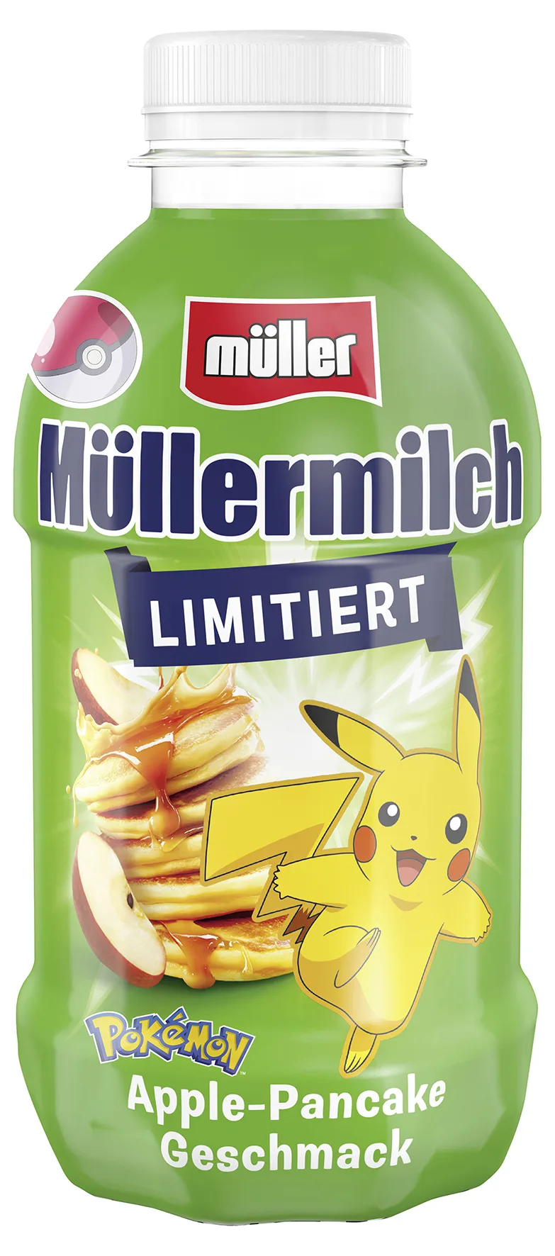 Müllermilch limitiert mit Pokémon-Apple-Pancake-Geschmack präsentiert ein fröhliches Pikachu auf der Flasche.