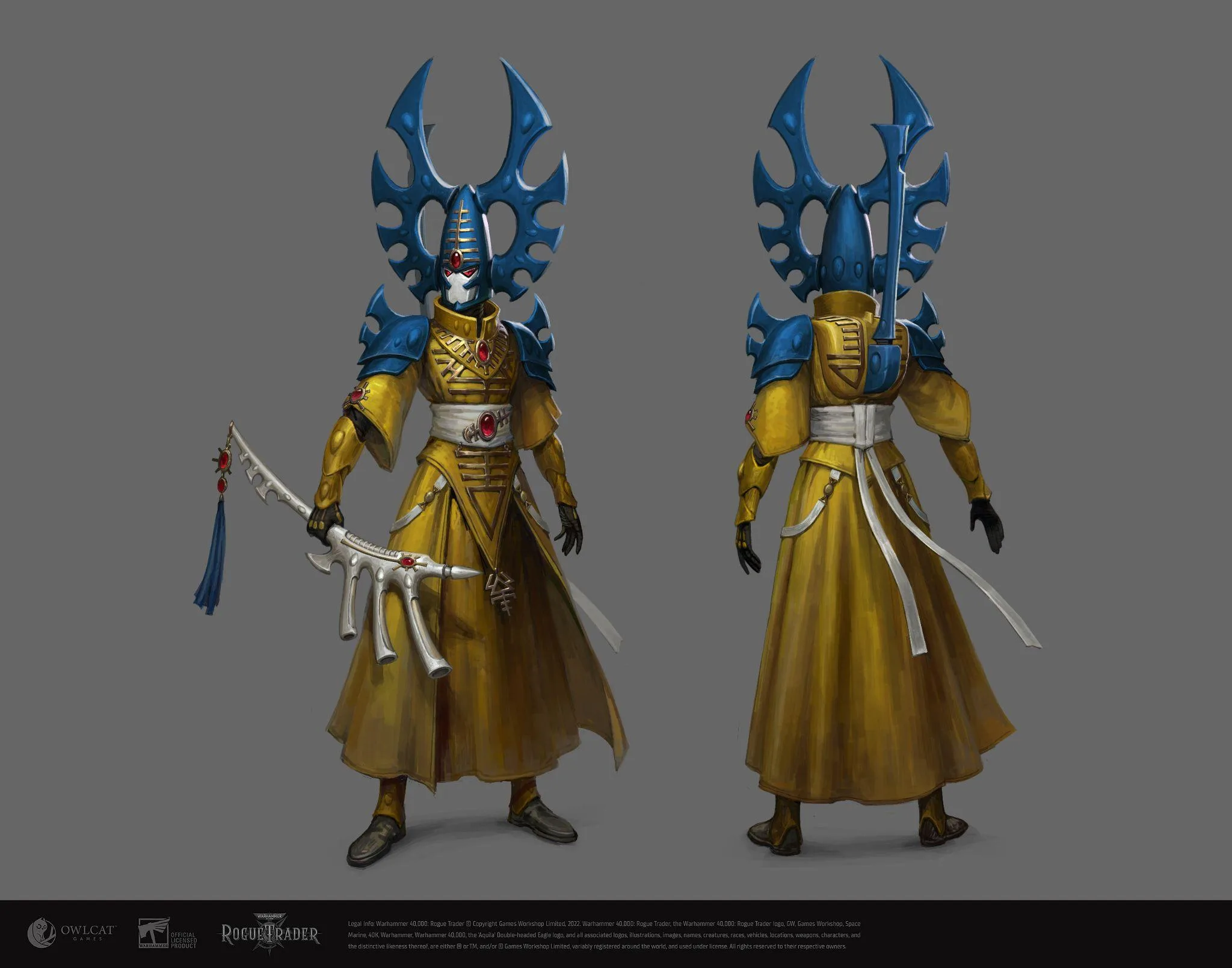 Ein Aeldari-Gegner in prächtiger Rüstung mit blauem Helm und gelbem Gewand, bereit für den Kampf.