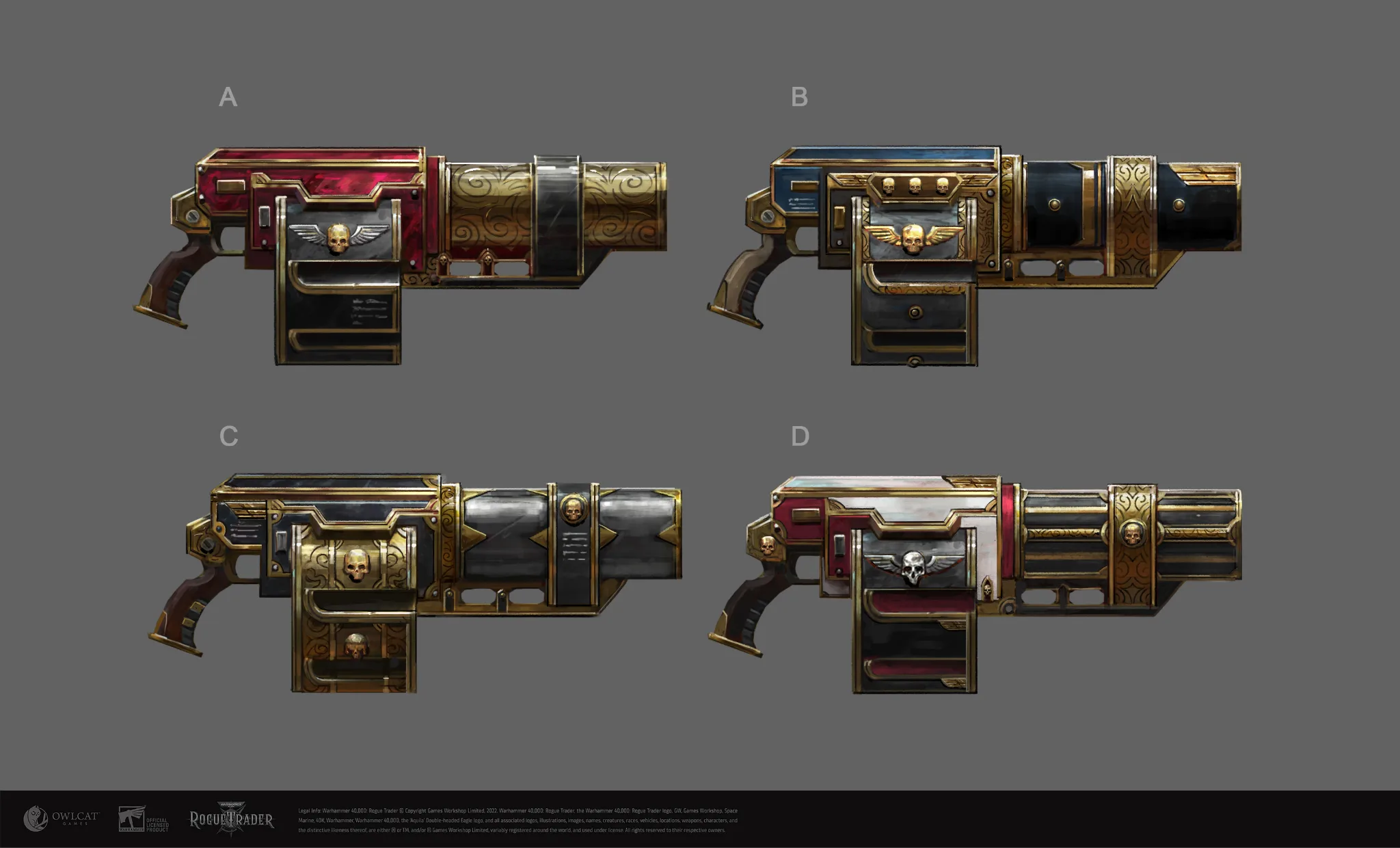 Vier neue Waffen-Designs aus RT-DLC-4 zeigen stilvolle Details und kreative Gestaltungselemente.