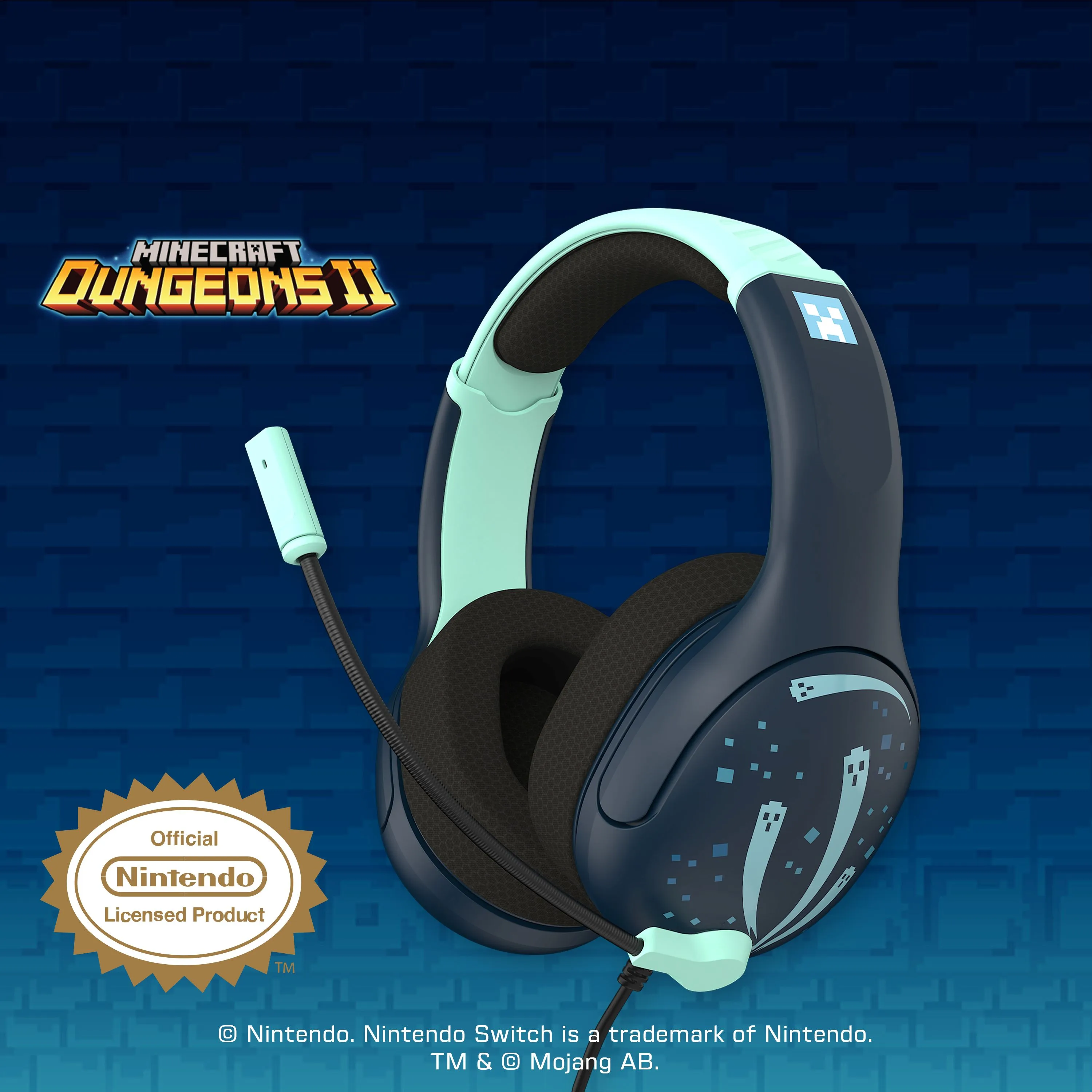 Headset für Minecraft Dungeons II in Blau und Mint, ideal für Gamer auf der Nintendo Switch.