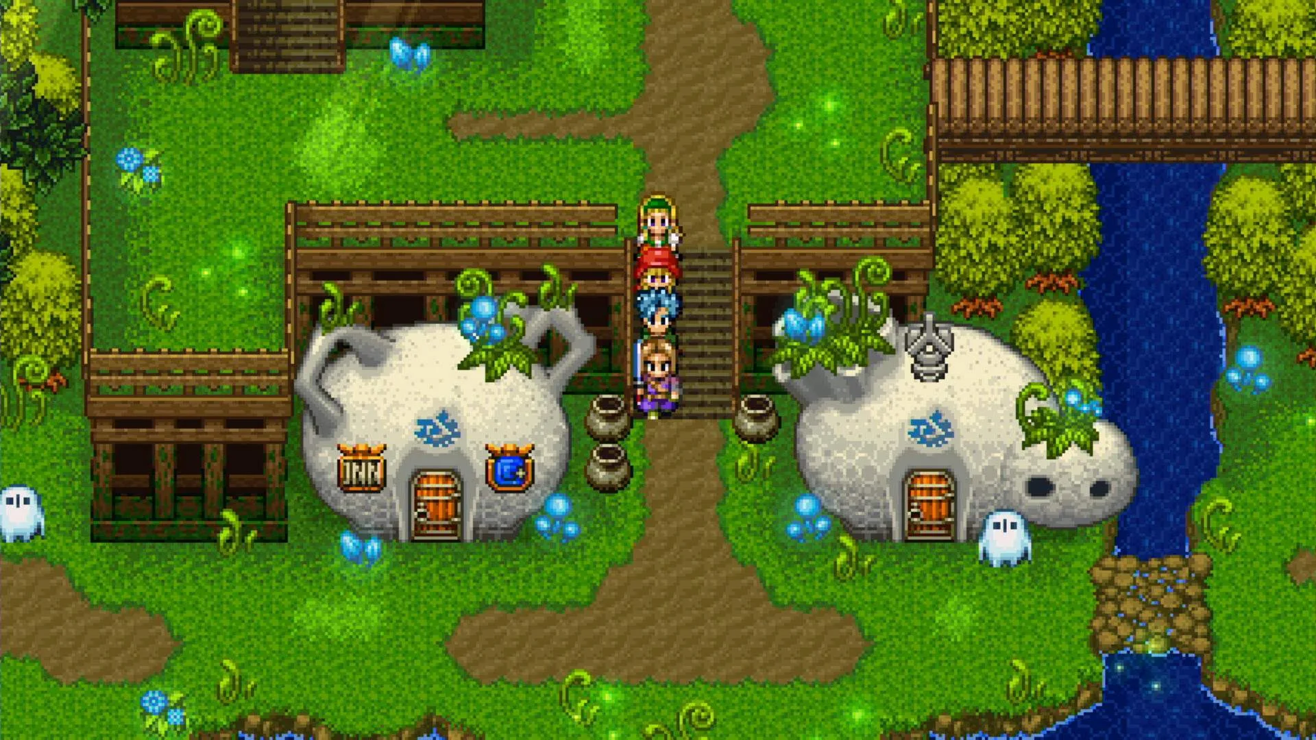 Eine Gruppe von Abenteurern steht vor den charmanten Häusern in dqxi-tickington-mblk1ktaa, umgeben von Natur.