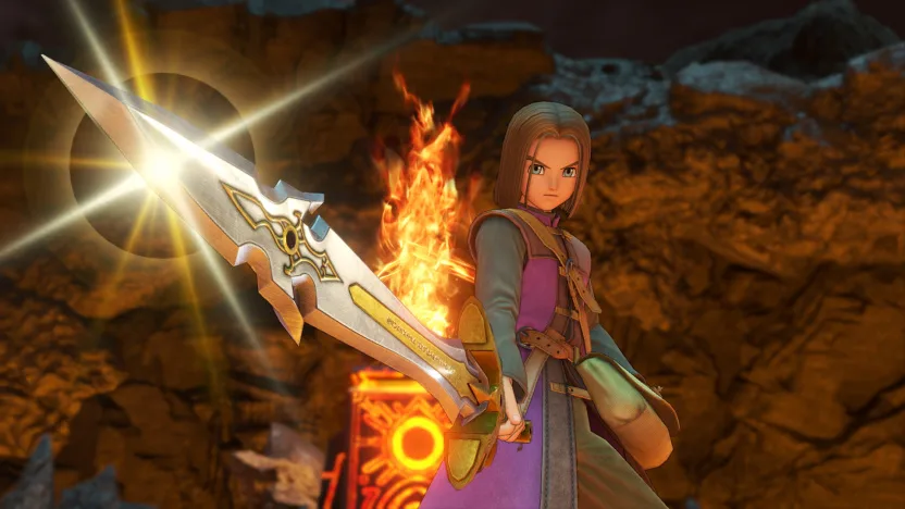 Ein Held aus Dragon Quest mit funkelndem Schwert steht bereit für den Kampf gegen die Dunkelheit.