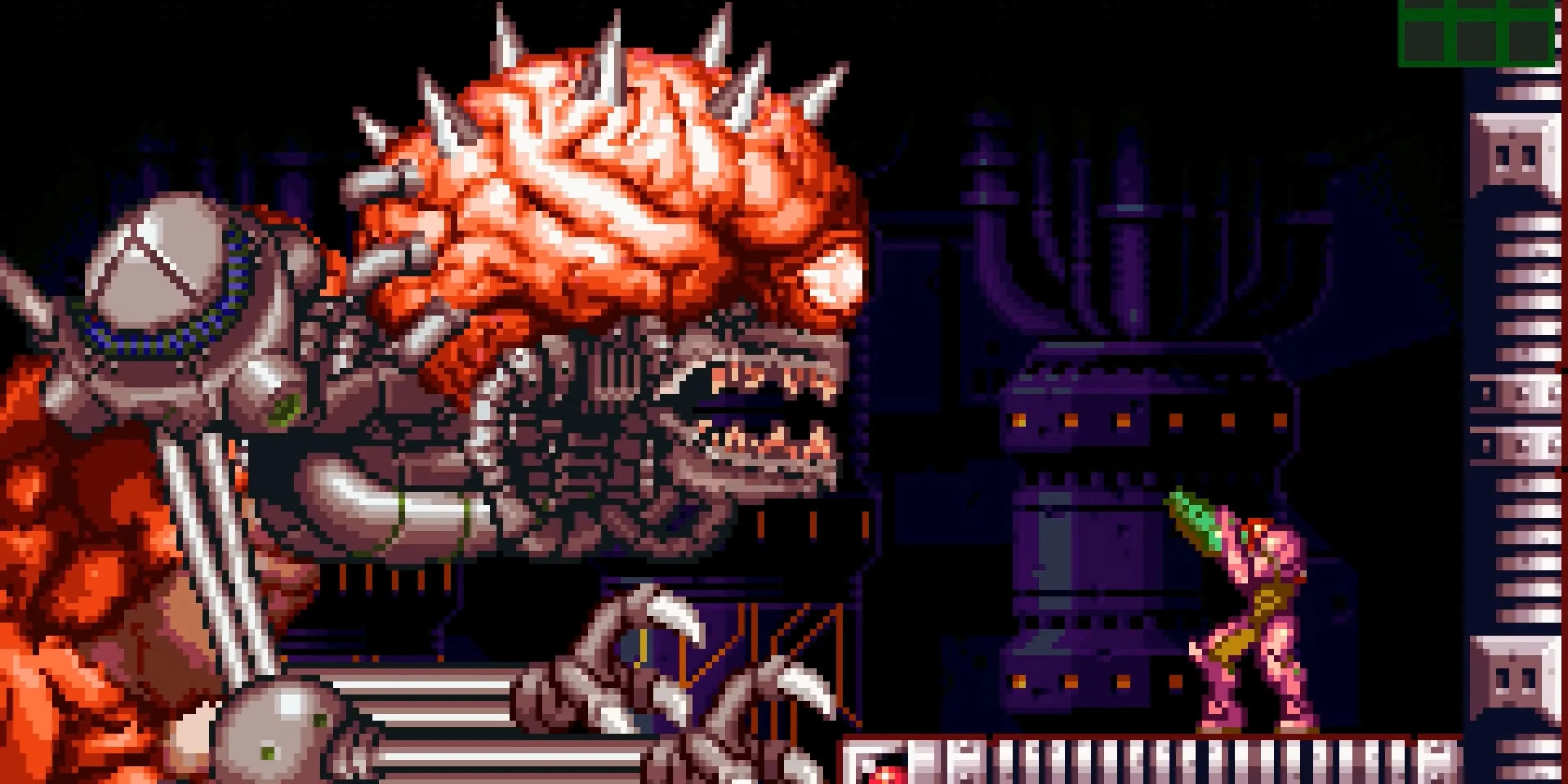 Samus kämpft gegen die bedrohliche Mother Brain aus Super Metroid in einem düsteren, mechanischen Raum.