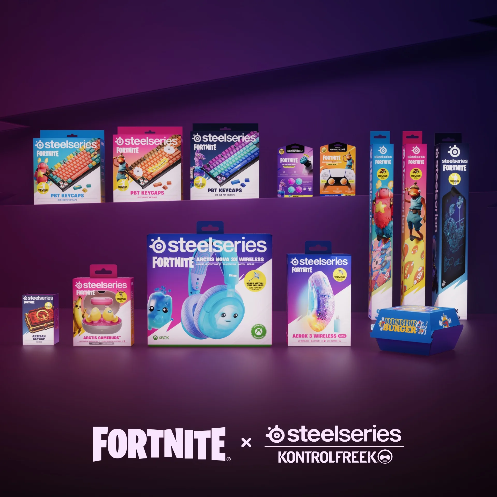 Die SteelSeries x KontrolFreek x Fortnite Collection zeigt stylische Gaming-Zubehörprodukte auf einem lila Hintergrund.