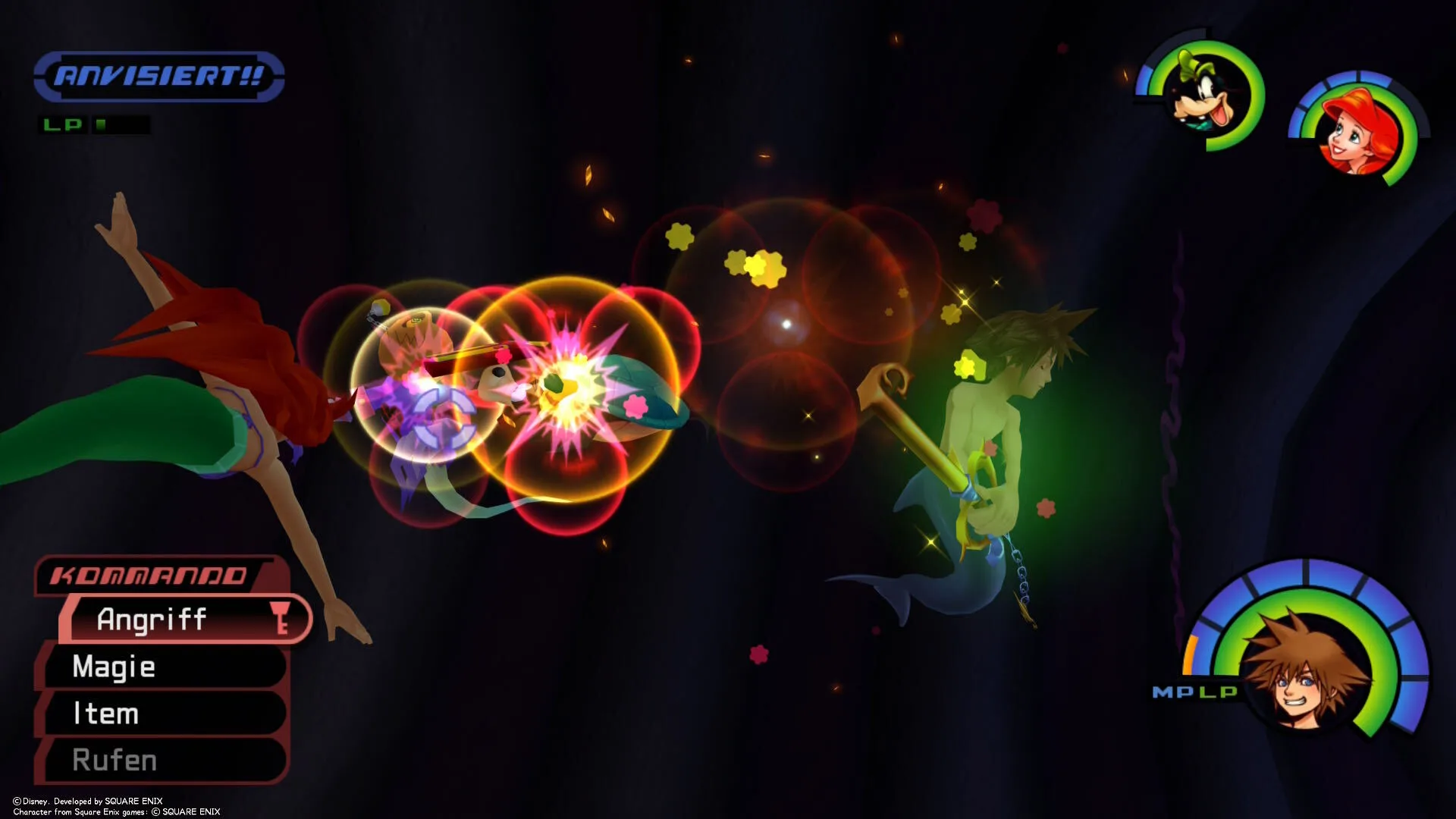 Sora und Arielle kämpfen gemeinsam in einer magischen Unterwasserwelt in Kingdom Hearts.