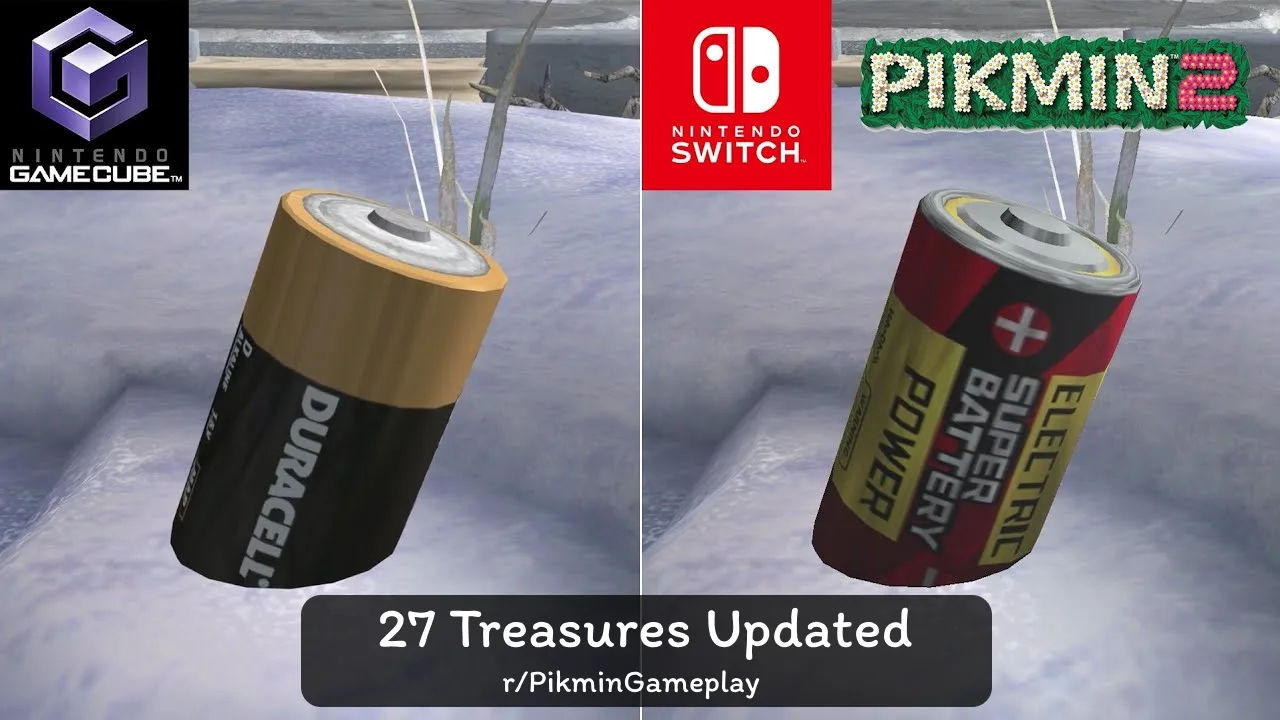 Im Spiel Pikmin 2 sind zwei Batterien, darunter eine Duracell, als Schätze sichtbar.